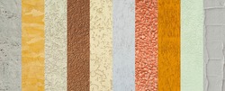 Collage of different types of plaster. Decorative walls are different in color and shape. Samples of decorative walls.