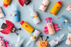 Collection of toys from toilet roll tube for Happy easter decor. A terrible craft. School and kindergarten. Handcraft creative idea, seasonal spring time holiday pattern