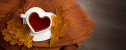 Autumn Still Life: Tea and oak leaves, knitted warming scarf or plaid on a wooden table. Fall season concept, beverage for resting time, autumn weekend mood, copy space, banner
