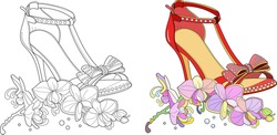 Hand drawn outline ornamental high heel shoe illustration. Nearby is an orchid flower. Zen art style illustration. Colouring page for adult coloring book with sample.