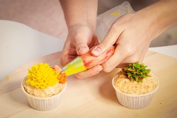 A close-up of a confectioner's woman decorates with a pastry syringe  a cupcake made from natural products with a sweet cream of yellow color from green tea. Dietary Vegan Creamcakes