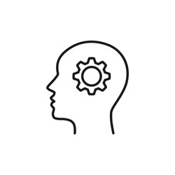 Black isolated outline icon of head of man and cogwheel on white background. Line icon of head and gear wheel. Flat design.