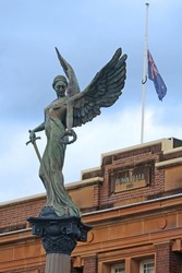 Statue of a woman with wings outside Marrickville town hall to commemorate local soldiers who died in service WW1. Soldiers' Memorial. Winged Victory