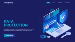 Data protection website concept. Online security concept. Laptop protected with shield and lock, personal password enter, gears and key. Isometric vector illustration for landing page.