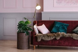Maroon sofa with pillows, lamp, wicker planters for flowers in the interior. Living room or office for receiving guests and clients. Psychologist's office. Space for relaxation and reading.