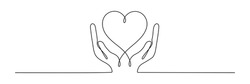 Continuous one line drawing hand holding heart. Charity donation linear symbol. Vector isolated on white.