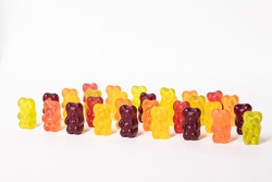 colourful sweet gummy bears isolated on white background.