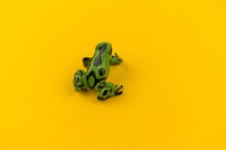 Toy frog from plastic on a yellow background. African animal for a child. Place to write.