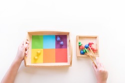 Montessori material sorting by color. Education at home. Lesson with children. White background.