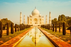 A classic shot of the Taj Mahal from the front with the reflecting pool.