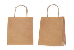 Recycled paper shopping bags on white background