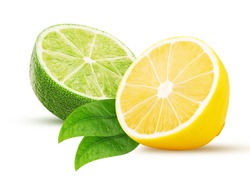 Fresh lime, lemon cut in half, with leaf isolated on white background. Clipping Path. Full depth of field.