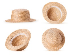 Set straw hat isolated on white background. Clipping Path