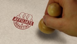 Affiliate marketing and targeted advertisement symbol stamp and stamping hand. Online business promotion concept.