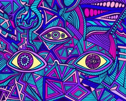 Cartoon funny psychedelic shamanic eyes of crazy patterns. Colorful art with decorative eyes. Surreal doodle stylish card. Abstract pattern with maze ornaments. Vector hand drawn illustration.