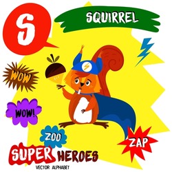 Super big set. Cute vector Zoo alphabet with animals in cartoon style.Letter S-Squirrel in superheroes costume.Comic Book Elements - stock vector