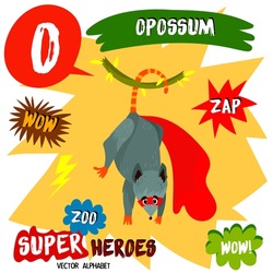 Super big set. Cute vector Zoo alphabet with animals in cartoon style.Letter O-Opossum in superheroes costume.Comic Book Elements - stock vector