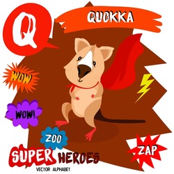 Super big set. Cute vector Zoo alphabet with animals in cartoon style.Letter Q-Quokka in superheroes costume.Comic Book Elements - stock vector