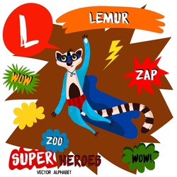 Super big set. Cute vector Zoo alphabet with animals in cartoon style.Letter L-Lemur in superheroes costume.Comic Book Elements - stock vector