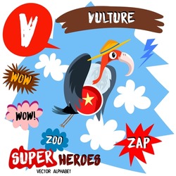 Super big set. Cute vector Zoo alphabet with animals in cartoon style.Letter V-Vulture in superheroes costume.Comic Book Elements - stock vector