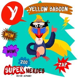Super big set. Cute vector Zoo alphabet with animals in cartoon style.Letter Y-Yellow Baboon in superheroes costume.Comic Book Elements - stock vector