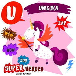 Super big set. Cute vector Zoo alphabet with animals in cartoon style.
Letter U-Unicorn in superheroes costume.Comic Book Elements - stock vector