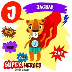 Super big set. Cute vector Zoo alphabet with animals in cartoon style.Letter J-Jaguar in superheroes costume.Comic Book Elements - stock vector