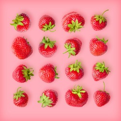Seamless pattern with fresh ripe strawberry isolated on bright pink background. Top view summer berries, flat lay composition with a copy space 