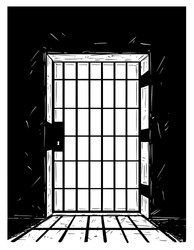 Cartoon vector doodle drawing illustration of prison or jail door made from iron bars casting shadow.