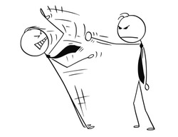 Cartoon stick drawing conceptual illustration of frustrated businessman ending another man's speech by punching him. Concept of frustration.