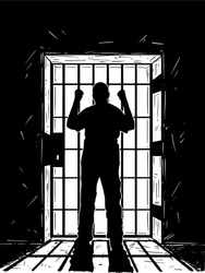 Vector black and white artistic hand drawing of prisoner in prison cell holding iron bars. Light coming from outside is casting shadow.