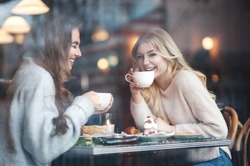 Two girl friends drinking coffee in the cafe