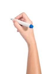 Female hand holding a blue marker isolated on white background