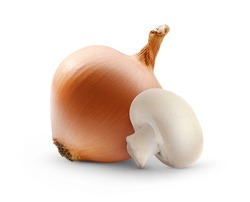 One large onion with a small champignon next to it isolated on white background. Vegetable composition for packaging design of dietary, organic food. Cooking ingredients. Mushroom and onion side view.