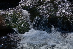 foaming whitewater with jumping water drops at a small waterfall close-up