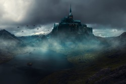 a castle with a fantasy view, cloudy and foggy              