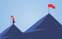 Businessman holding a flag standing on the top of the mountain, looking to another higher mountain, business goals and challenges