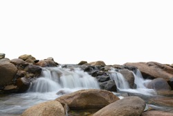 Waterfall and stone on white background