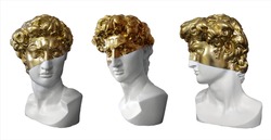 Isolated on white background plaster busts of Apollo in white and gold paint. A guide for historical and artistic creative work