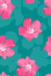 Tropical oleander flowers on bright green background, flat hand drawn style, cute and simple summer vibe seamless pattern design