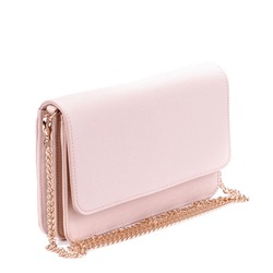 Fashionable female pastel saffiano leather clutch with long golden metal chain isolated against a white background with space for text. Discount, season sales. Retail, store, boutique.