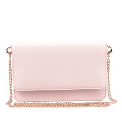Fashionable female light pink saffiano leather clutch with long golden metal chain isolated against a white background with space for text. Discount, season sales. Retail, store, boutique.