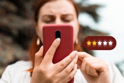 Customer Experience Concept. Excellent. Person using mobile phone with icon two star symbol to increase rating of company