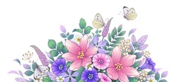 Hand drawn blooming pink and purple flowers and butterflies on white background. Vector elegant floral arrangement with colorful different wildflowers in vintage style, template wedding decoration. 