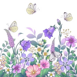 Hand drawn blooming pink and purple meadow flowers and butterflies on white background. Vector elegant floral arrangement with colorful different wildflowers in vintage style.
