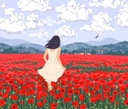 Young woman enjoys the scenery of poppies field. Girl in light dress walking among red poppy flowers. Calm landscape with mountains,  clouds and flying birds in sky. Vector minimalistic illustration.