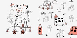Seamless pattern with hand drawn cute rabbit rides in the car  can be used for kids fabric,textile,nursery wallpaper.