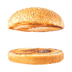 Fresh tasty burger bread isolated on white background. Food background.