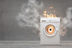Broken Washing Machine With Smoke And Fire