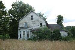 Old abandoned historic wooden farmhouse surrounded by weeds and overgrown field